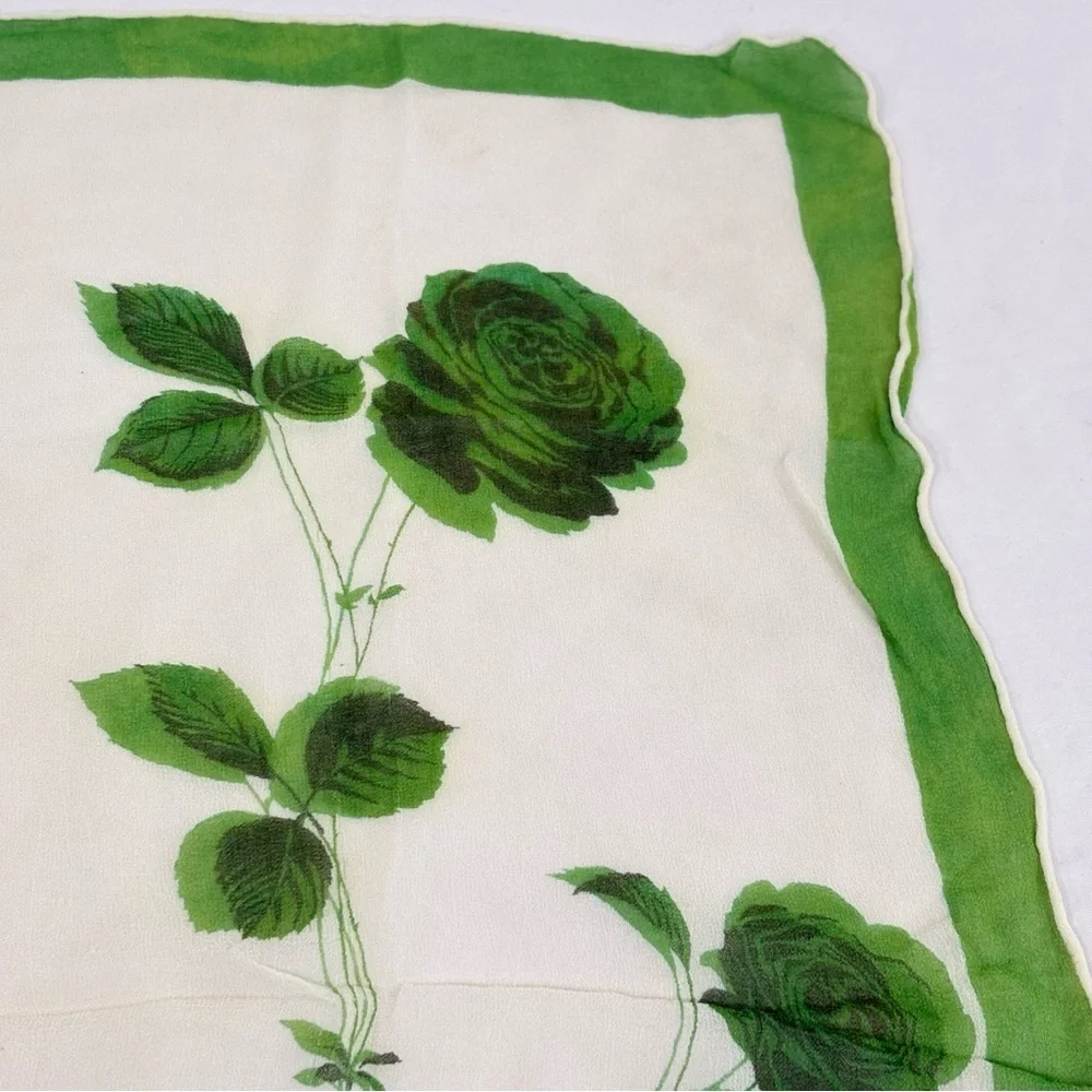 Vintage semi sheer, silky, crêpe, precious floral green rose printed scarf